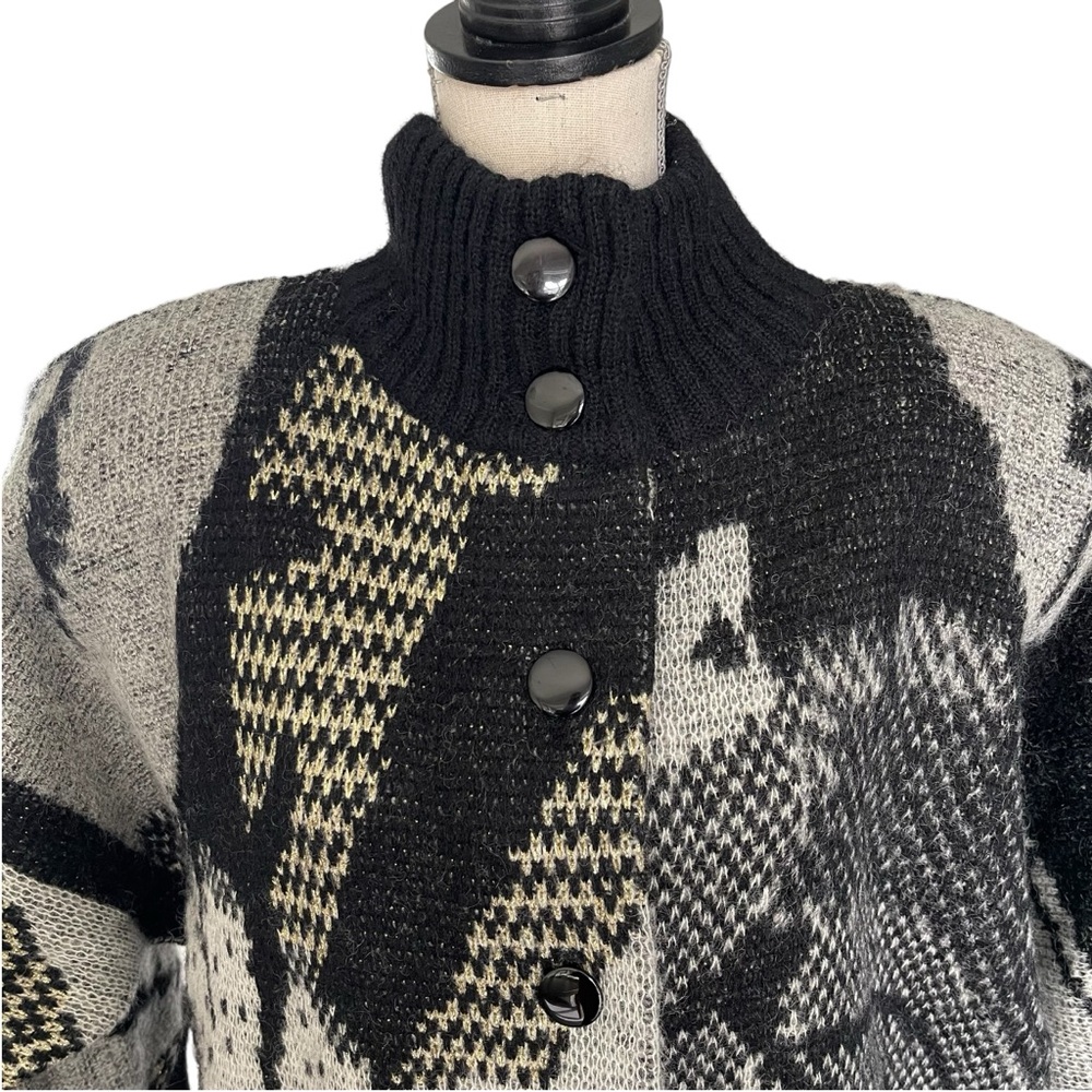Vintage 80's Black/Grey/Gold Pattern Mohair High Neck Button Front Cardigan (M) - Picture 7 of 16